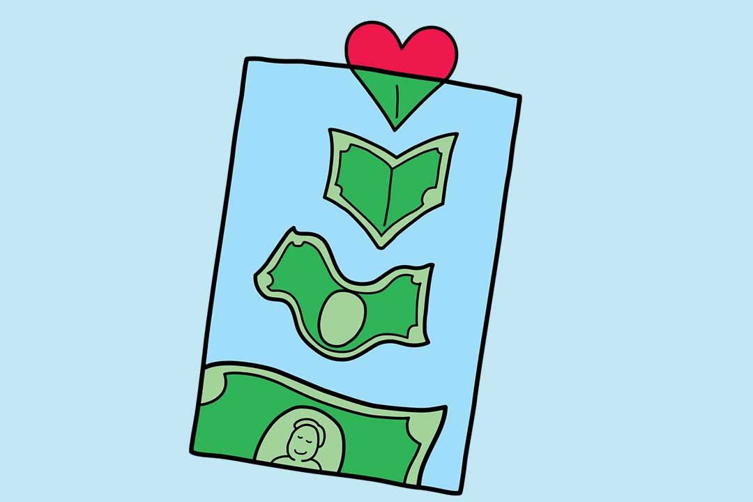 De l’argent entrant dans un sachet sous forme de cœurs qui se transforment en billet d’un dollar