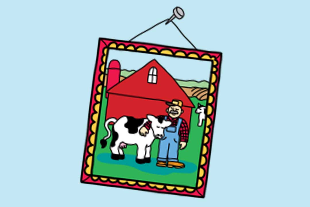 Un dessin d’un éleveur étreignant sa vache