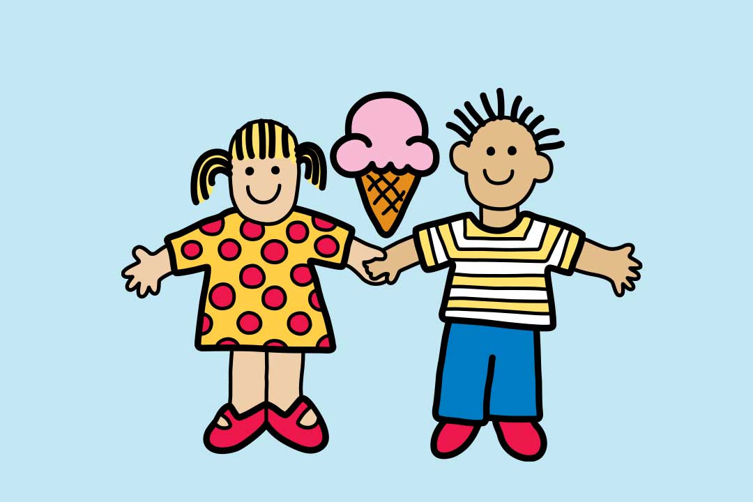 2 enfants se tenant les mains avec un cône de crème glacée