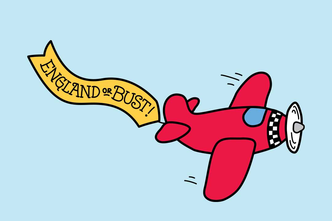 Un avion en vol avec une bannière « England or Bust » (l’Angleterre ou la ruine)