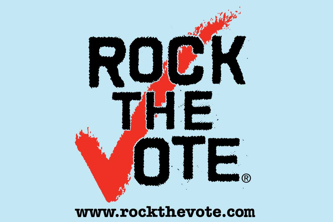 Une affiche indiquant « Rock the Vote » (Faites basculer le vote) et une coche rouge